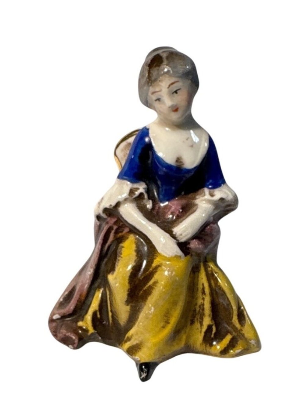 Vintage Hand Painted Porcelain Figurine Of Woman In Chair Blue Yellow Dress 2.5"